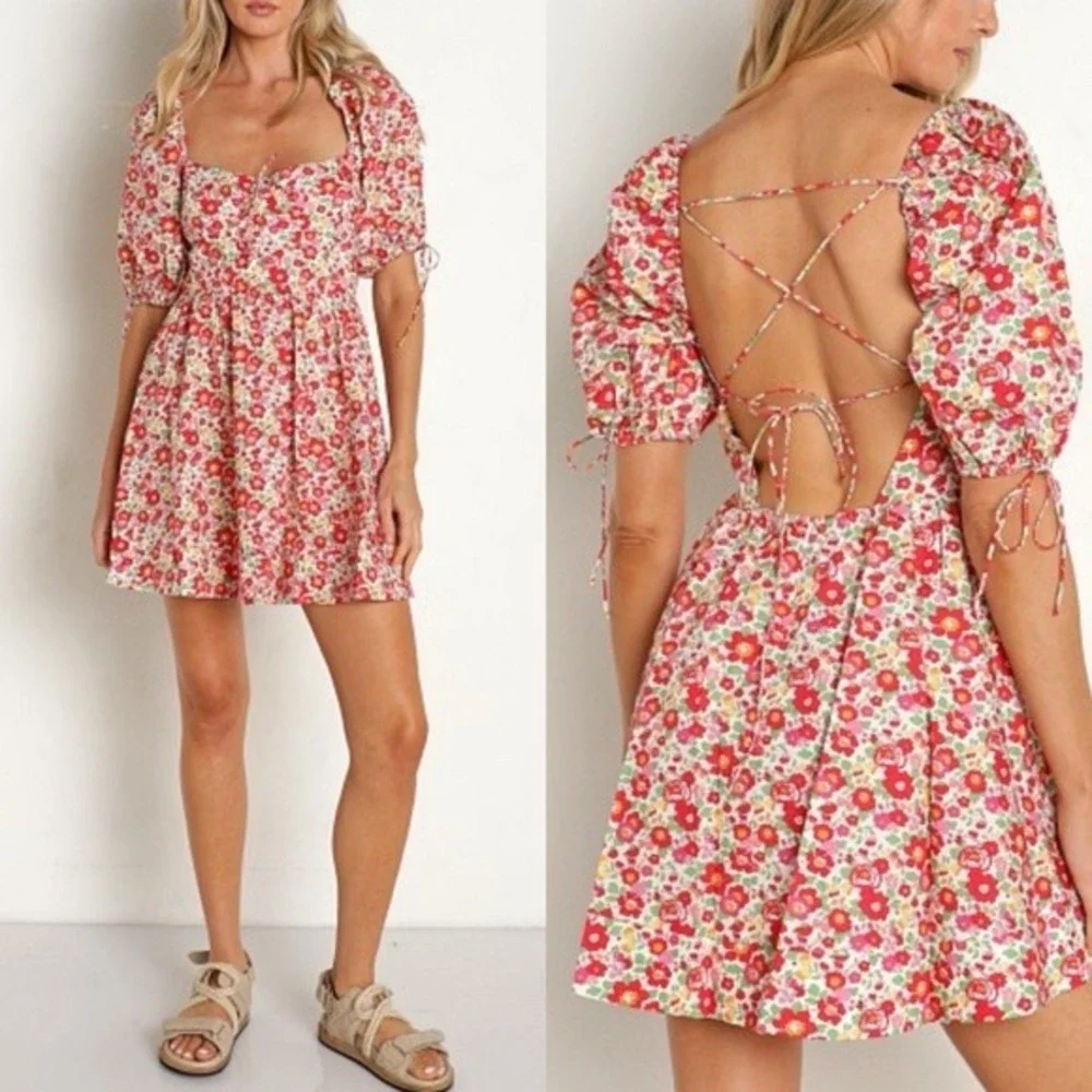 For Love & Lemons XS Floral Puff Sleeve Lace Up Back Mini‎ Dress Red Pink Cotton